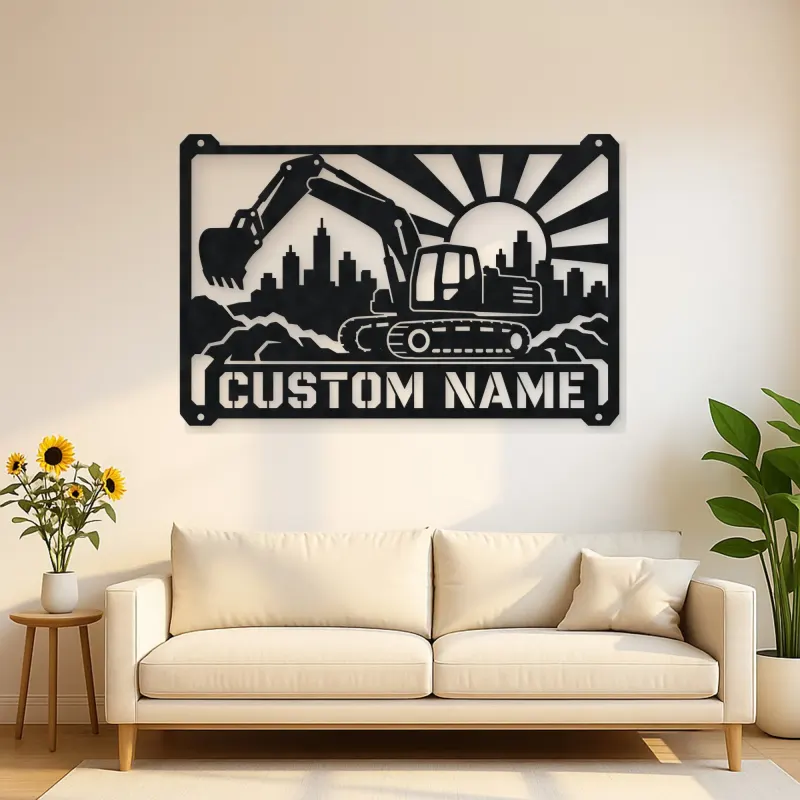 Personalized Excavator Metal Wall Art with Construction Skyline