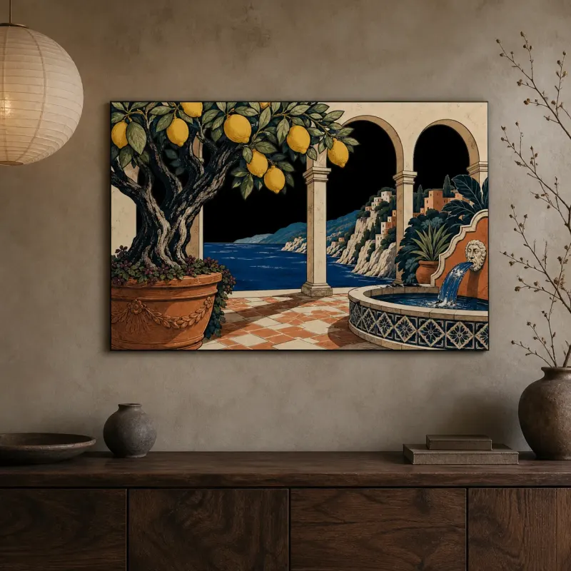 Mediterranean Lemon Courtyard with Sea View Colorful Metal Wall Art