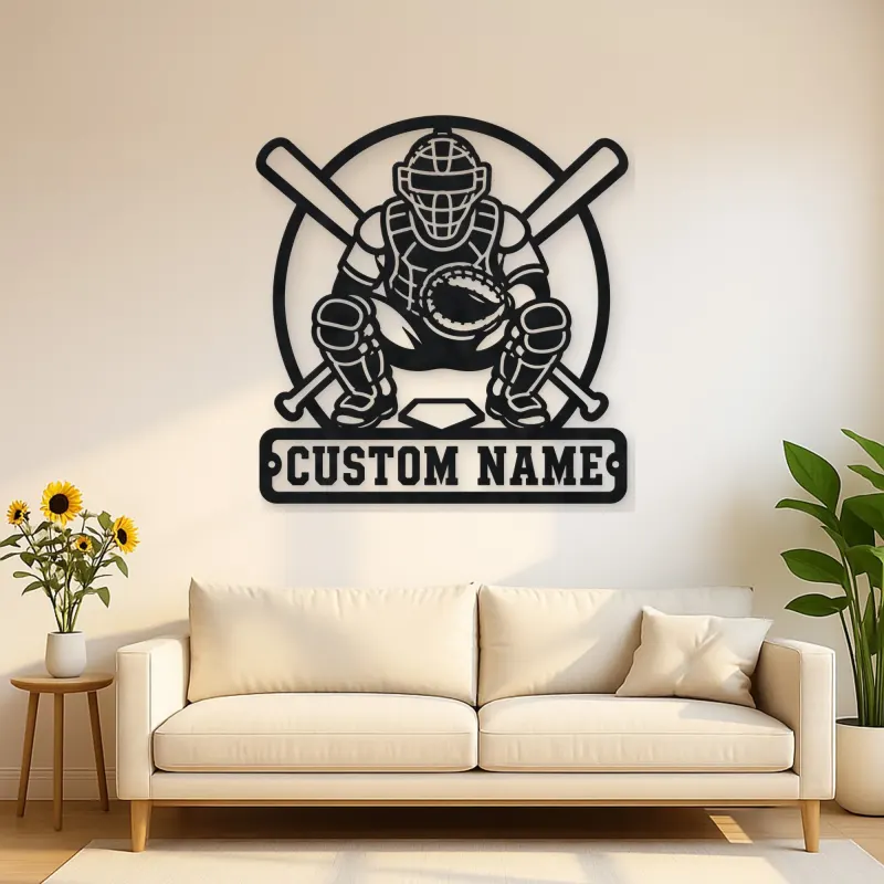 Personalized Baseball Catcher Crossed Bats Metal Wall Art