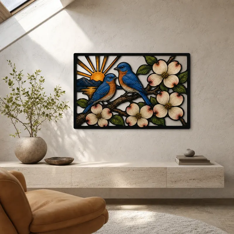 Bluebird Pair with Dogwood Flowers at Sunrise Colorful Metal Wall Art