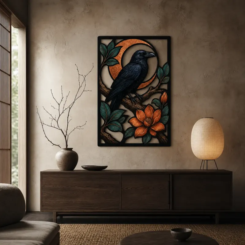 Black Raven on Branch with Crescent Moon Colorful Metal Wall Art