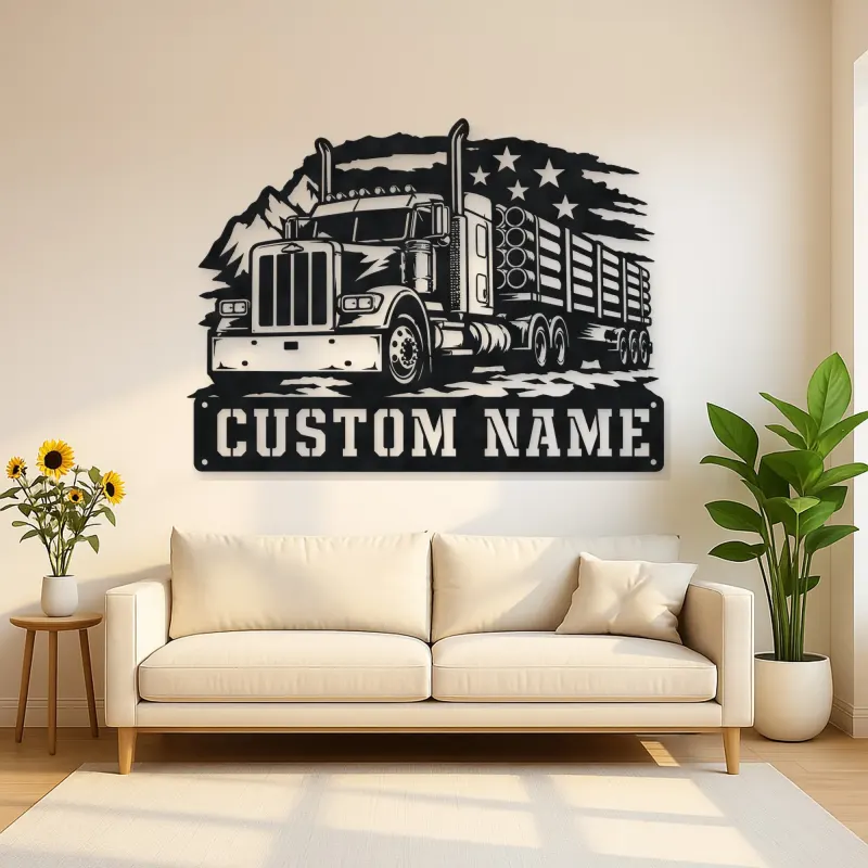 Personalized Logging Semi Truck Patriotic Mountain Metal Wall Art