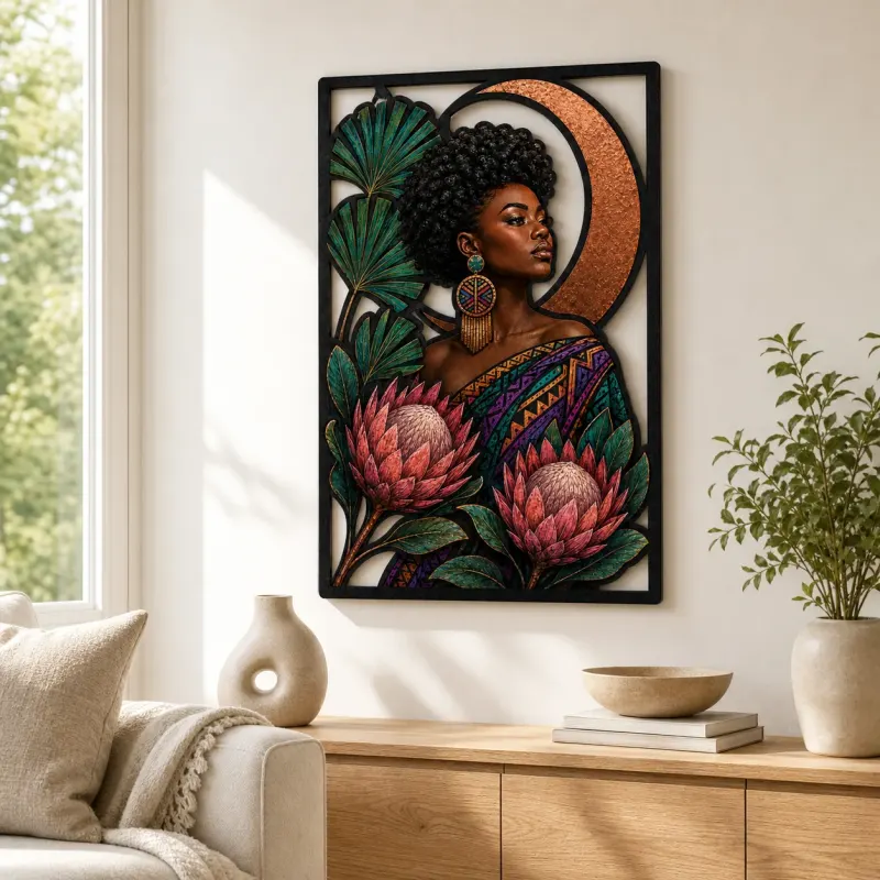 Colorful Afro Woman Metal Wall Art with Protea Flowers and Crescent Moon