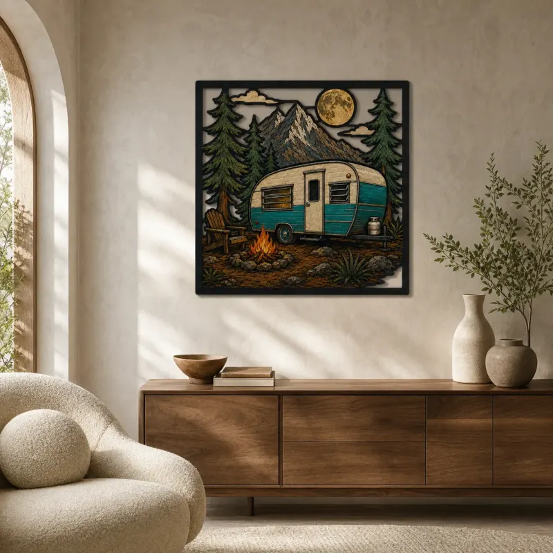 Bunte Metall-Wandkunst mit Retro-Camper am Lagerfeuer in den Bergen