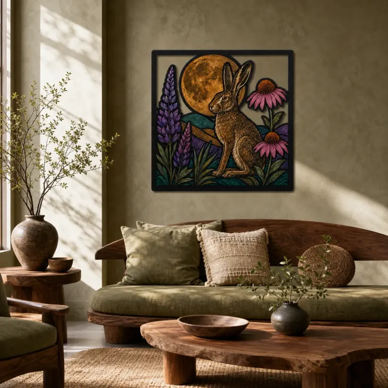 Hase mit Sonnenhut unter Vollmond - Bunte Metall-Wandkunst