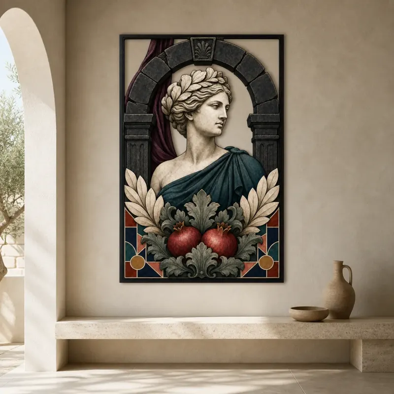 Classical Marble Woman with Pomegranates and Laurel Colorful Metal Wall Art