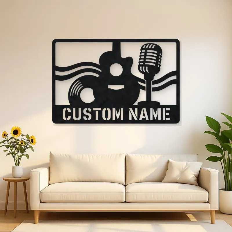 Personalized Vinyl Record Metal Wall Art with Vintage Microphone