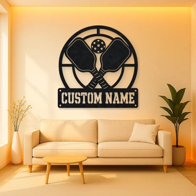 Personalized Pickleball Paddle Metal Wall Art with Court Lines