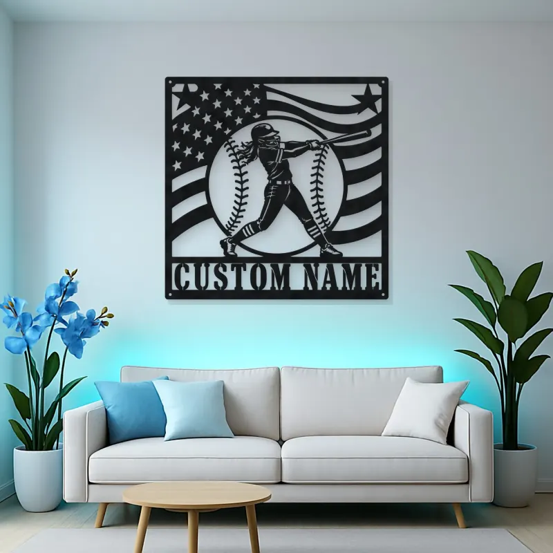 Personalized Female Softball Batter Waving Flag Metal Wall Art