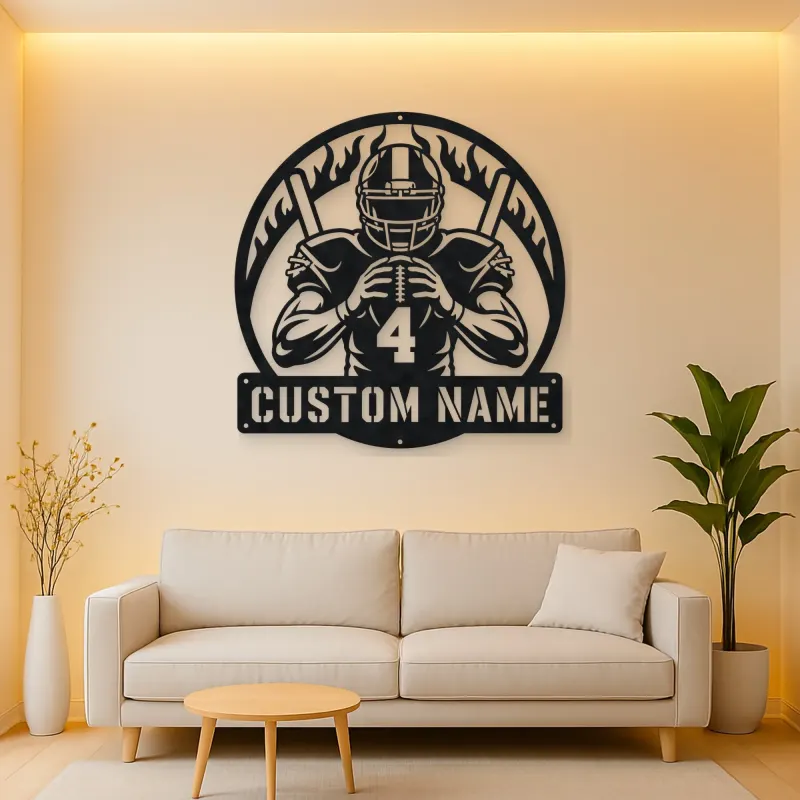 Personalized Number 4 Football Player Flame Metal Wall Art