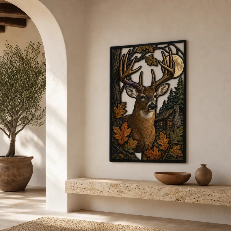 Whitetail Buck beside Rustic Hunting Cabin Colorful Metal Wall Art