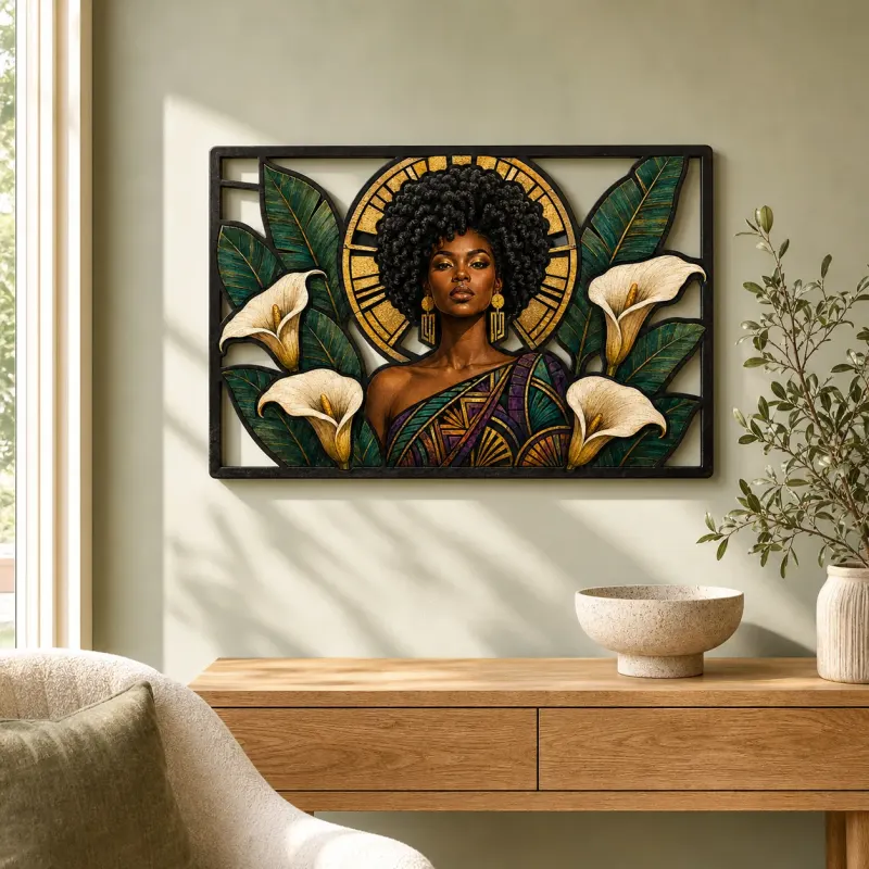 Afro Woman with Calla Lilies and Art Deco Sun Colorful Metal Wall Decor