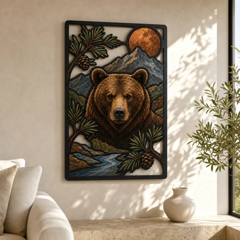 Brown Bear by Mountain Stream and Copper Moon Colorful Metal Wall Art