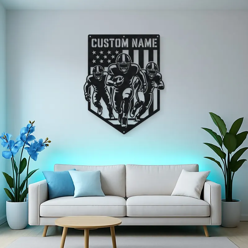 Personalized Three Football Players American Flag Metal Wall Art