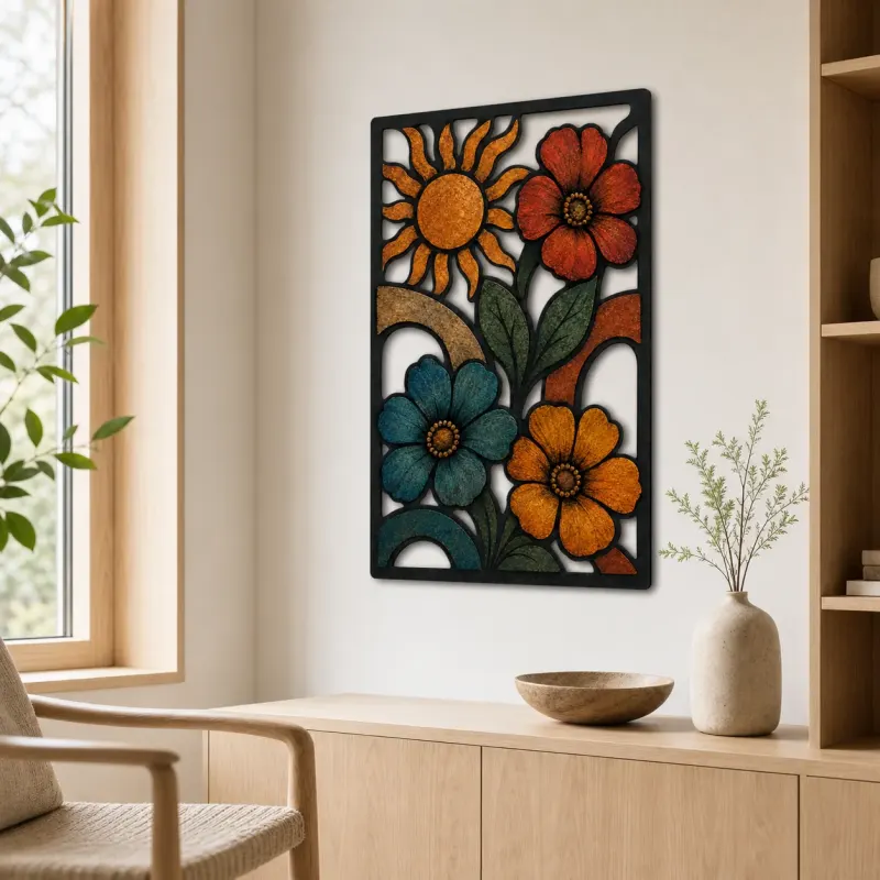 Mid Century Retro Flowers with Radiant Sun Colorful Metal Wall Art