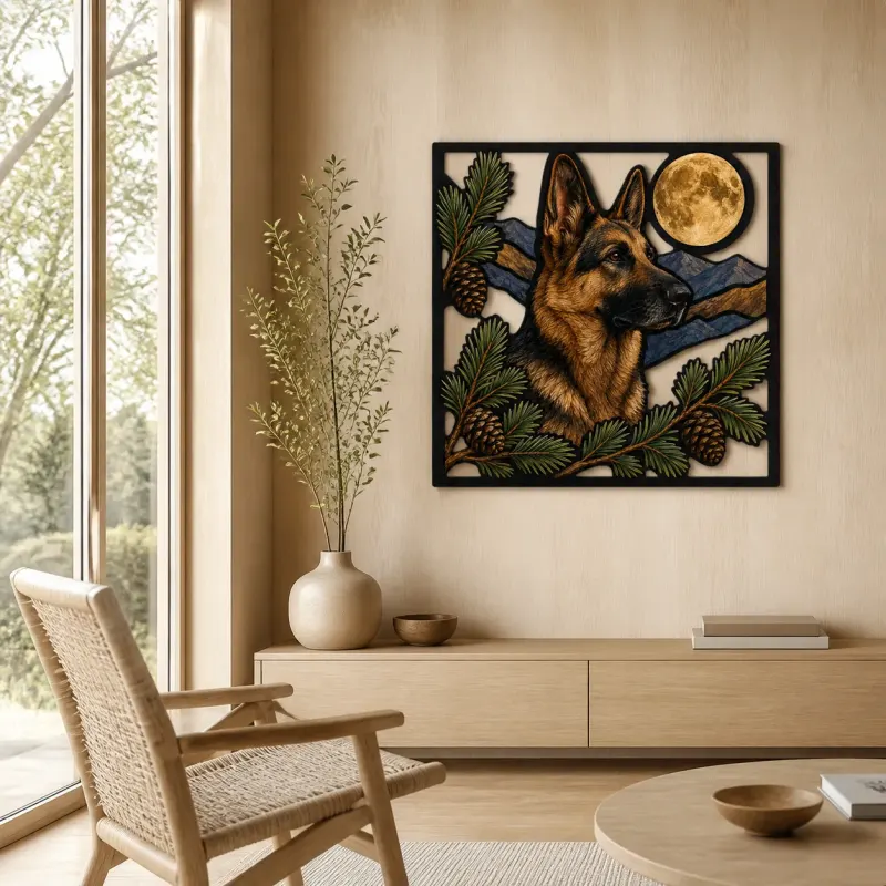 German Shepherd with Pine Cones and Full Moon Colorful Metal Wall Art