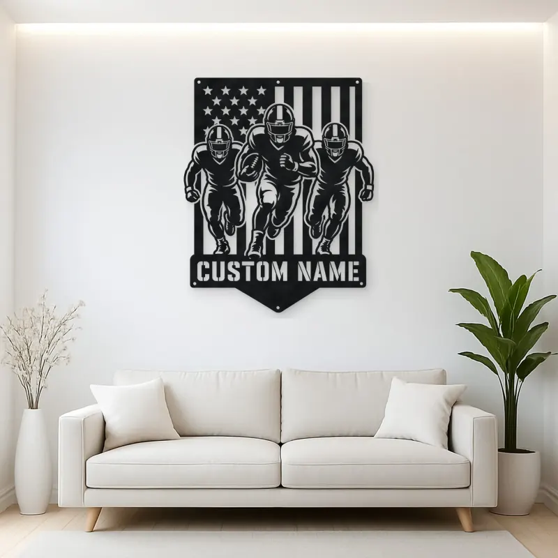 Personalized Three Football Players Flag Metal Wall Art