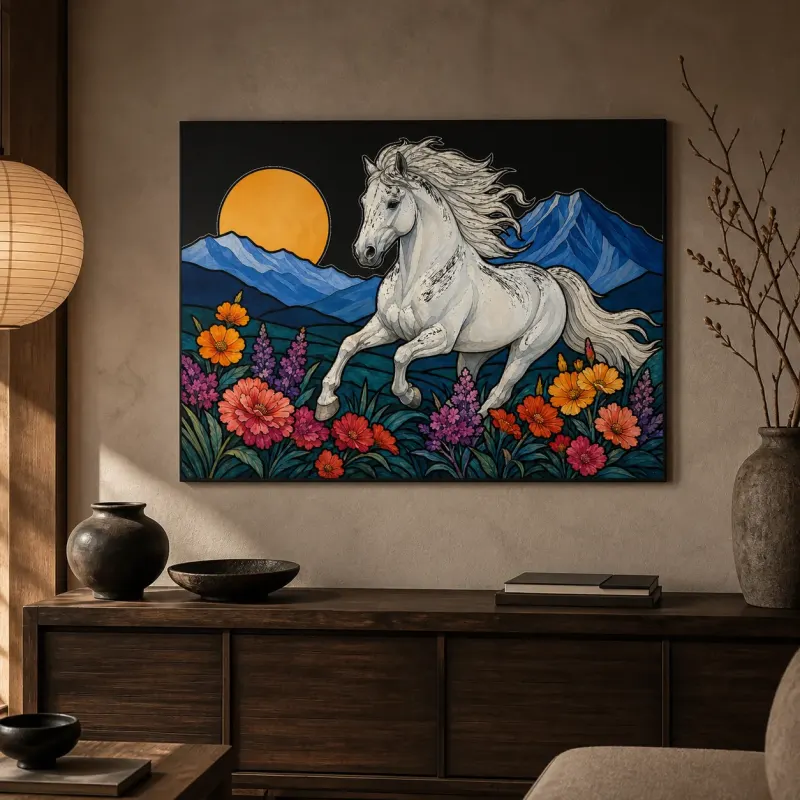 White Horse Running through Mountain Wildflowers Colorful Metal Wall Art