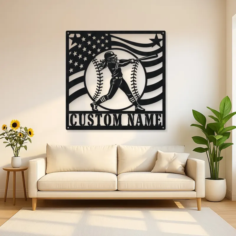 Personalized Female Softball Batter Waving Flag Metal Wall Art