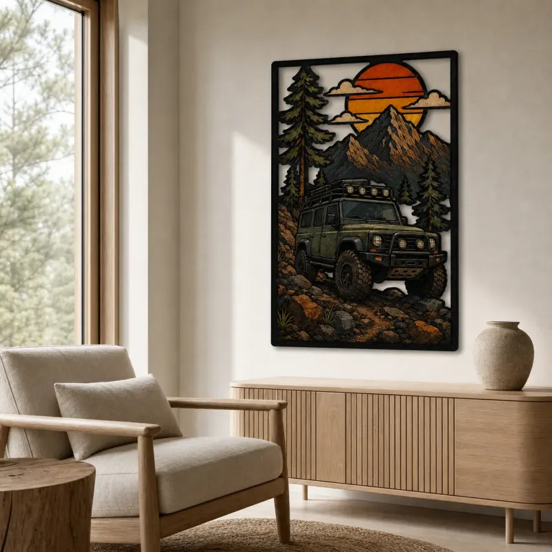 Classic Off Road Truck in Mountain Forest Colorful Metal Wall Art