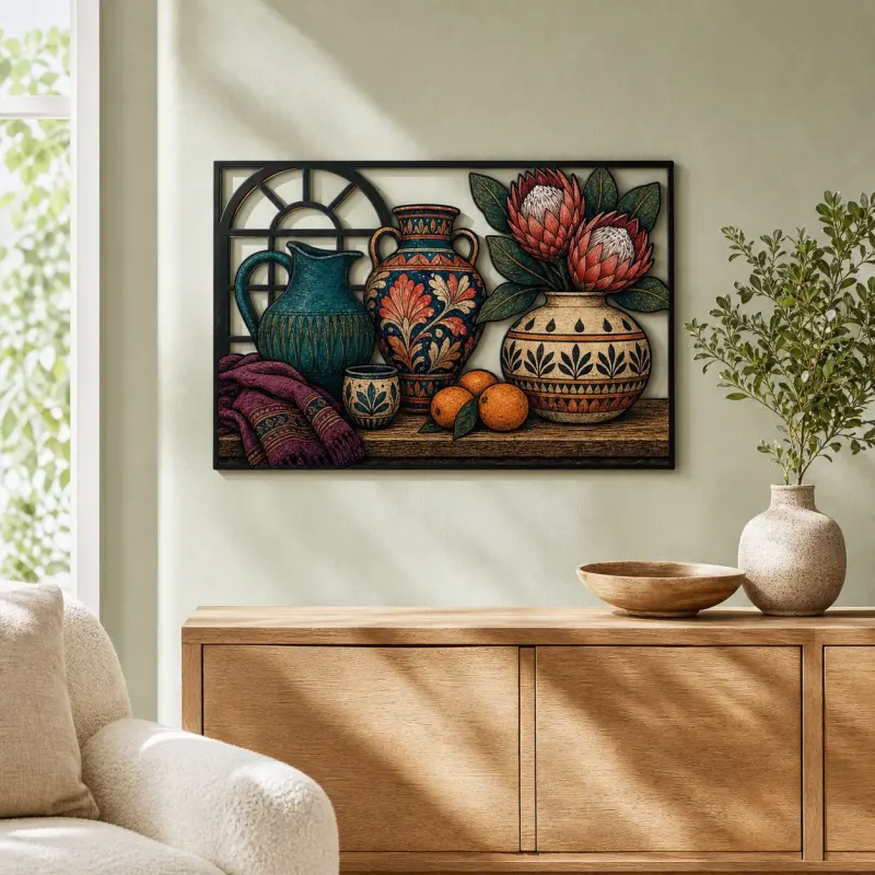 Decorative Pottery with Protea Flowers and Oranges Colorful Metal Wall Art