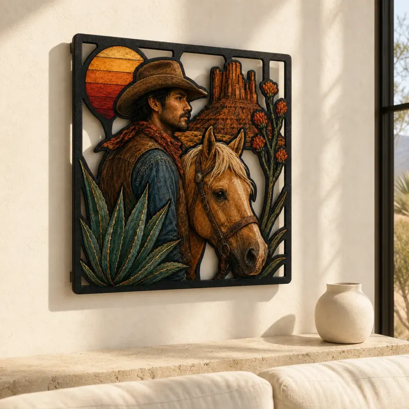 Cowboy with Palomino Horse at Desert Sunset Colorful Metal Wall Art