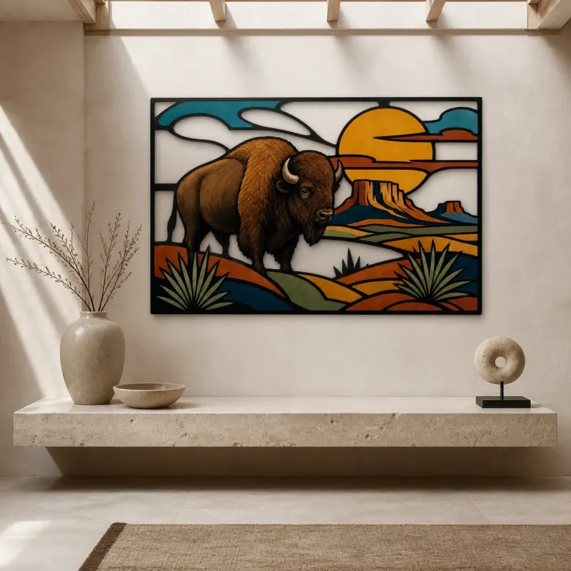 Bison in Southwest Desert beneath Copper Sun Colorful Metal Wall Art