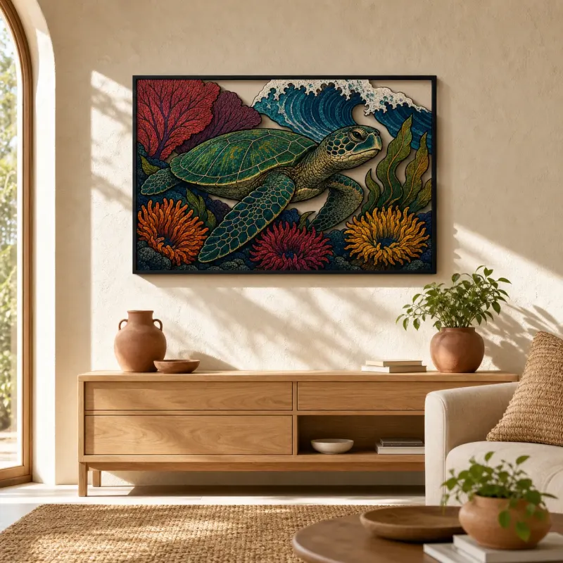 Sea Turtle with Coral and Ocean Wave Colorful Metal Wall Art