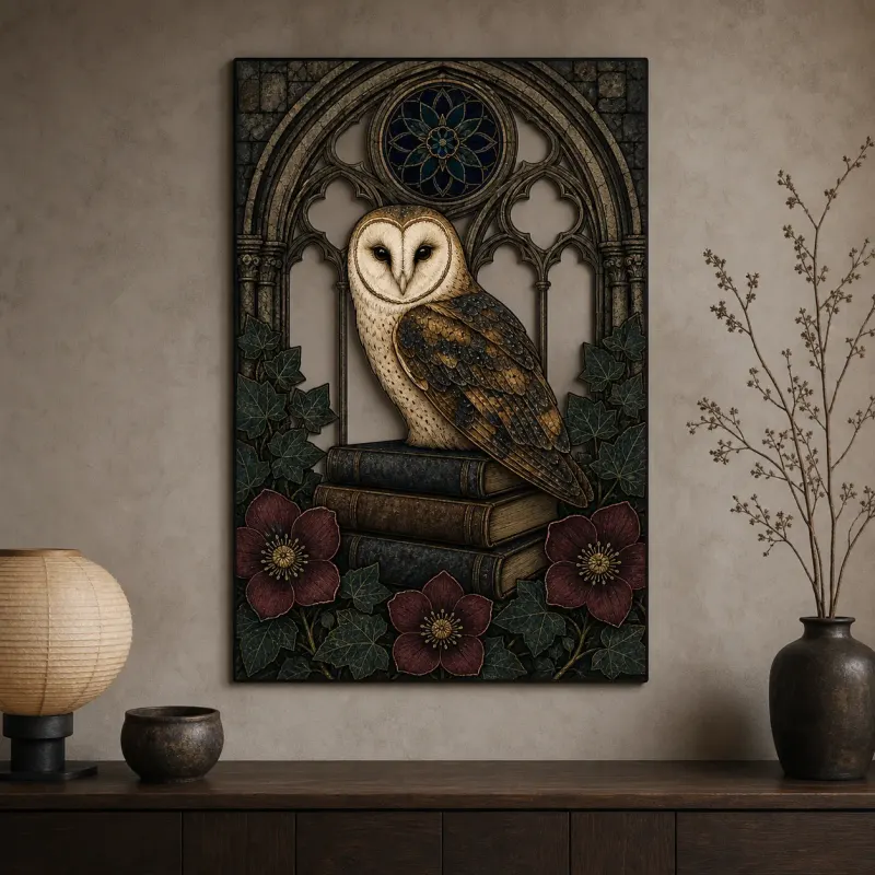 Barn Owl on Books in Gothic Window Colorful Metal Wall Art