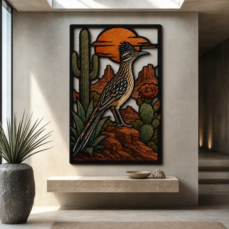 Roadrunner with Cactus in Desert Sunset Colorful Metal Wall Art