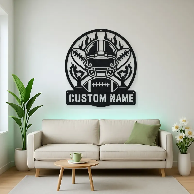 Personalized Football Helmet Trophy Flame Metal Wall Art