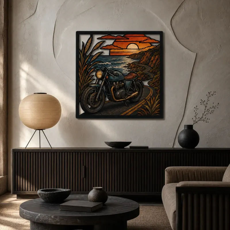 Cafe Racer Motorcycle on Coastal Road at Sunset Colorful Metal Wall Art