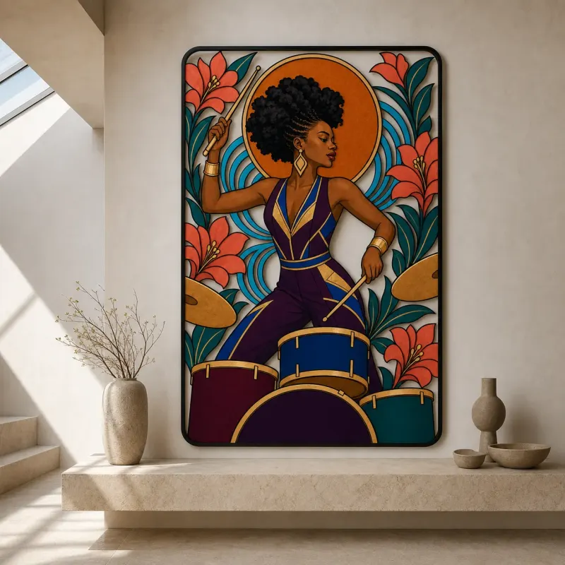 Black Woman Drummer with Tropical Flowers and Sun Colorful Metal Wall Art