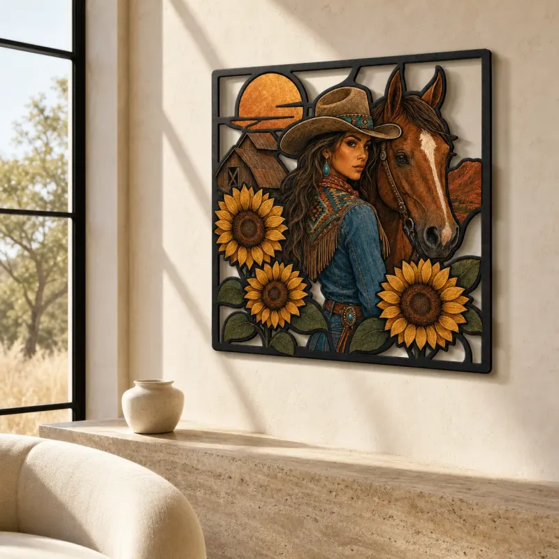 Cowgirl with Horse Sunflowers and Western Barn Colorful Metal Wall Art