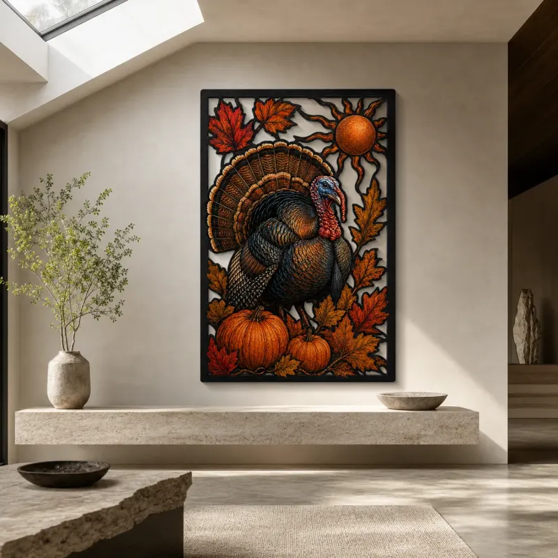 Turkey with Pumpkins and Autumn Oak Leaves Colorful Metal Wall Art
