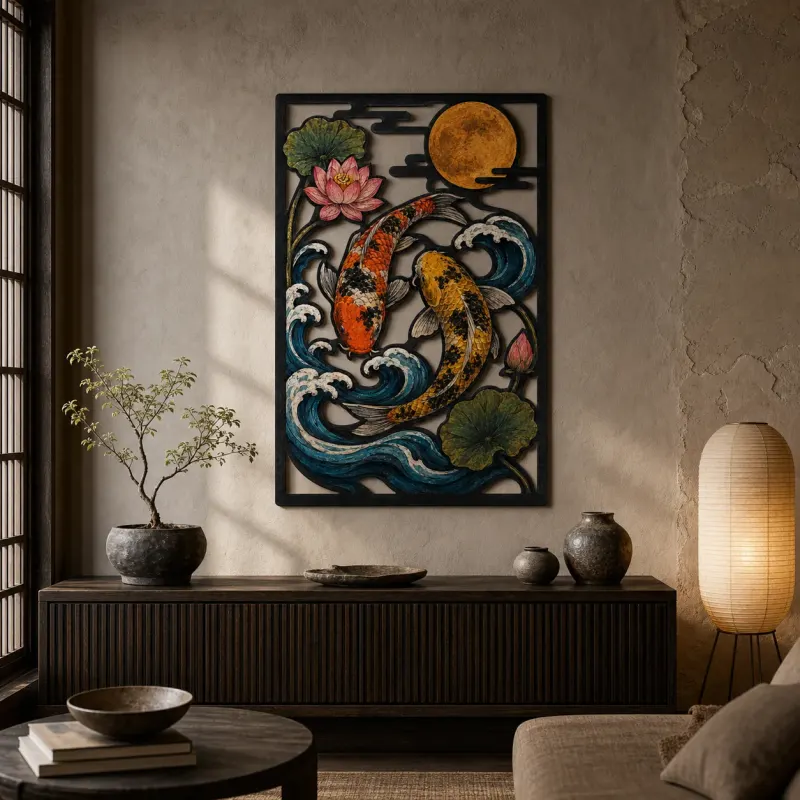 Koi Pair in Ocean Waves beneath Full Moon Colorful Metal Wall Art
