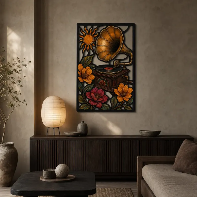 Vintage Gramophone with Colorful Flowers and Sun Metal Wall Art