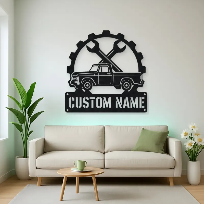 Personalized Vintage Pickup Truck Metal Wall Art with Wrench Detail