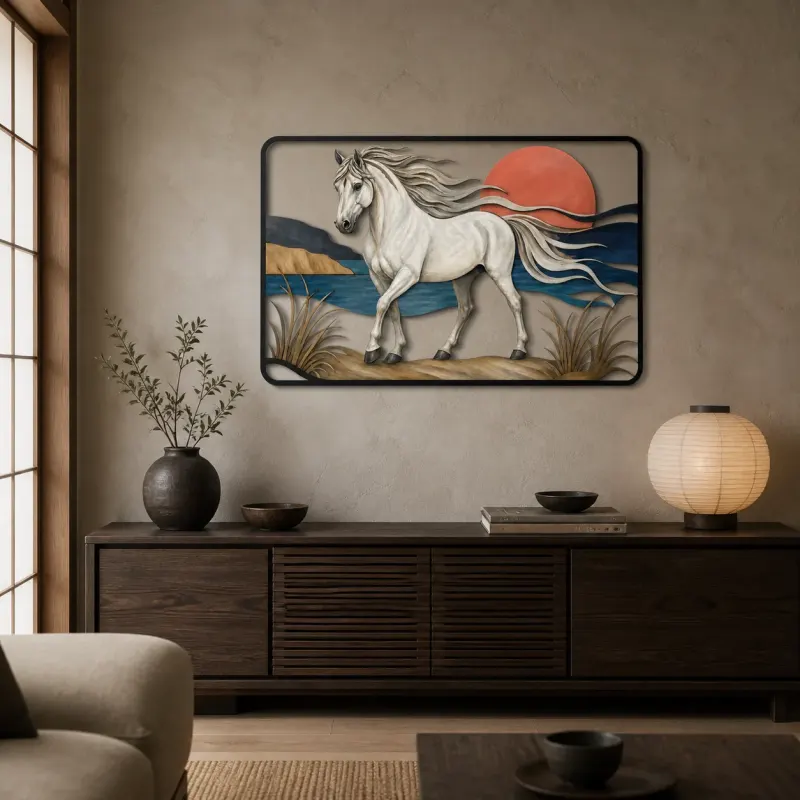 White Horse by Coastal Water at Sunset Colorful Metal Wall Art