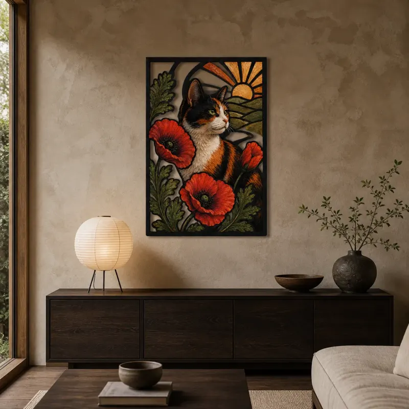Calico Cat with Red Poppies at Sunrise Colorful Metal Wall Art