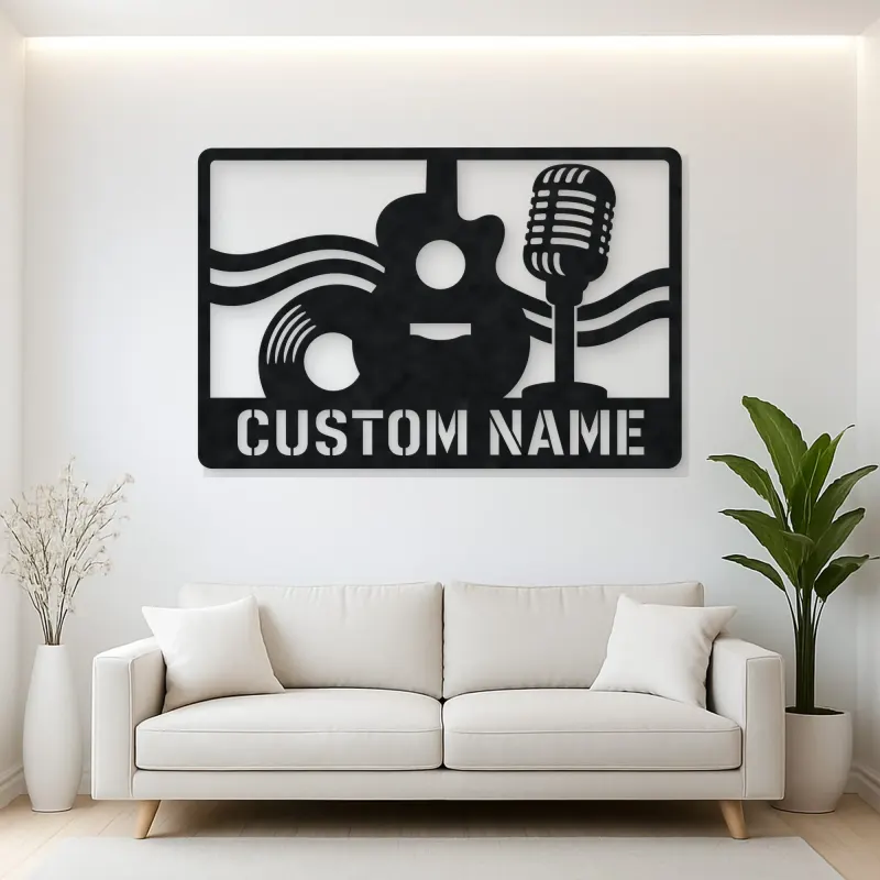 Personalized Vinyl Record Metal Wall Art with Vintage Microphone
