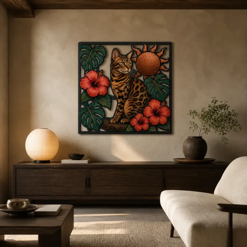 Bengal Cat with Tropical Hibiscus and Sun Colorful Metal Wall Art