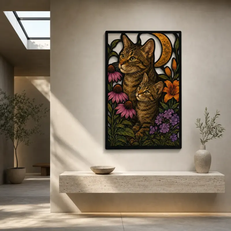 Tabby Mother Cat and Kitten in Flower Garden Colorful Metal Wall Art