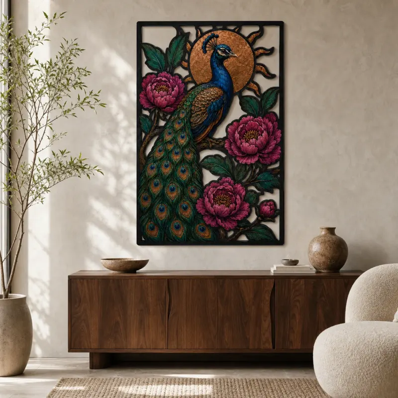 Pavone con Peonie Rosa e Sole di Rame Insegna in Metallo Colorata