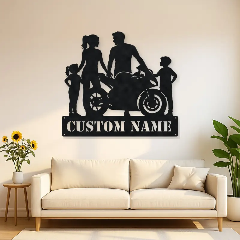 Personalized Sport Motorcycle Family of Four Metal Wall Art