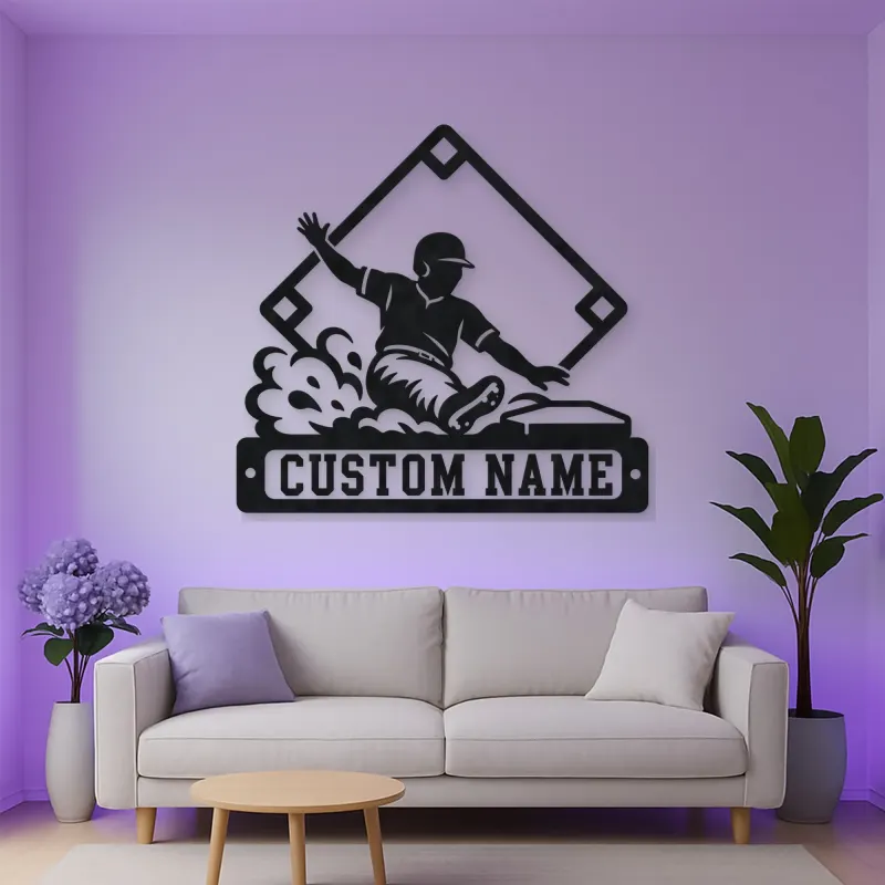 Personalized Baseball Player Sliding Home Metal Wall Art