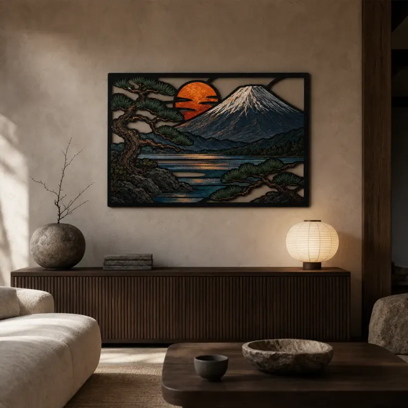 Mount Fuji with Pine Tree and Copper Sunset Colorful Metal Wall Art
