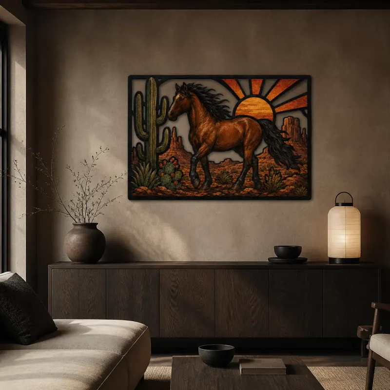 Wild Horse Running through Cactus Desert Colorful Metal Wall Art