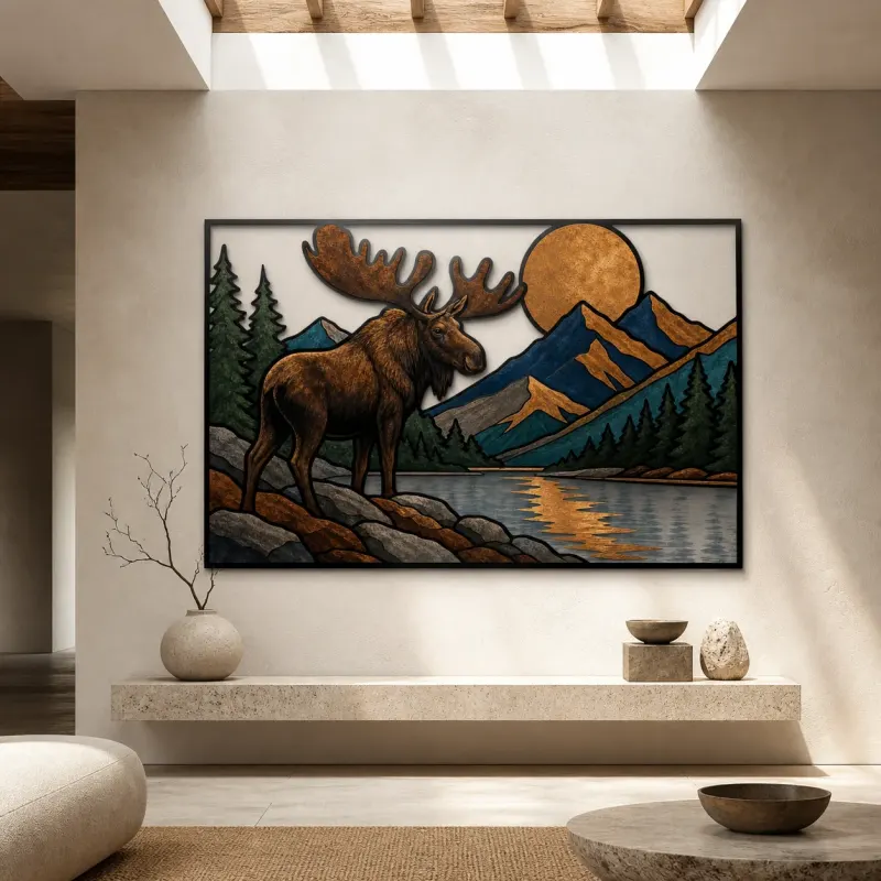 Moose beside Mountain Lake beneath Copper Moon Colorful Metal Wall Art
