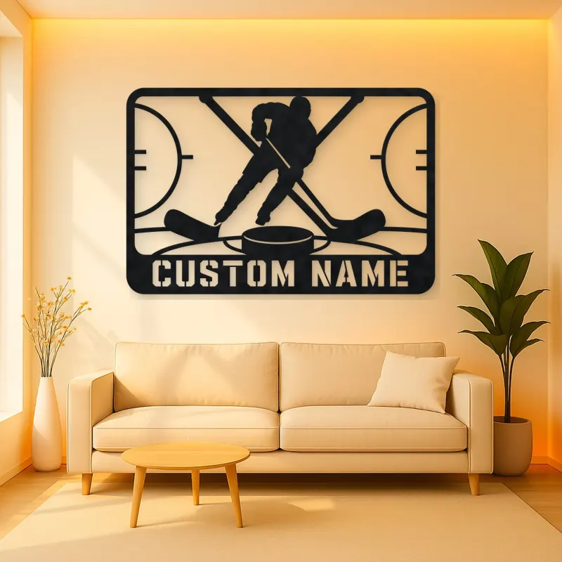 Personalized Ice Hockey Metal Wall Art with Crossed Sticks